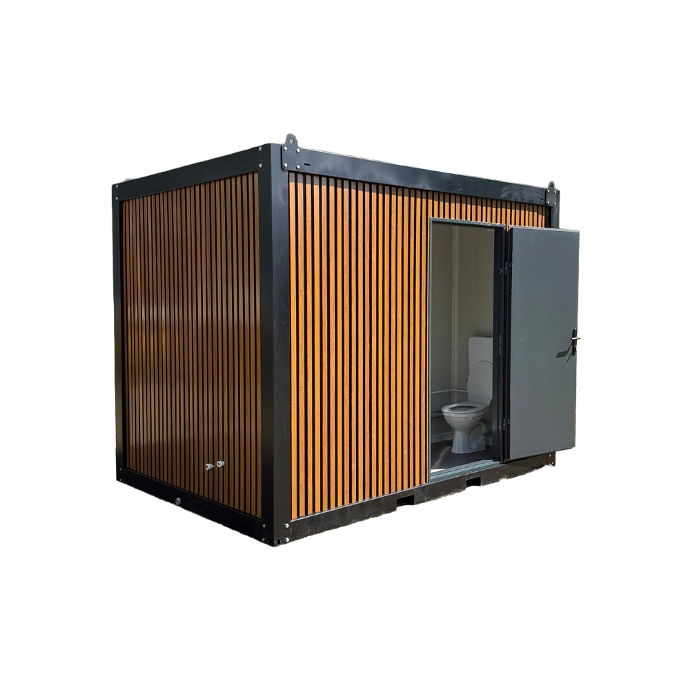 Side view of a dual portable bathroom unit with the door open.