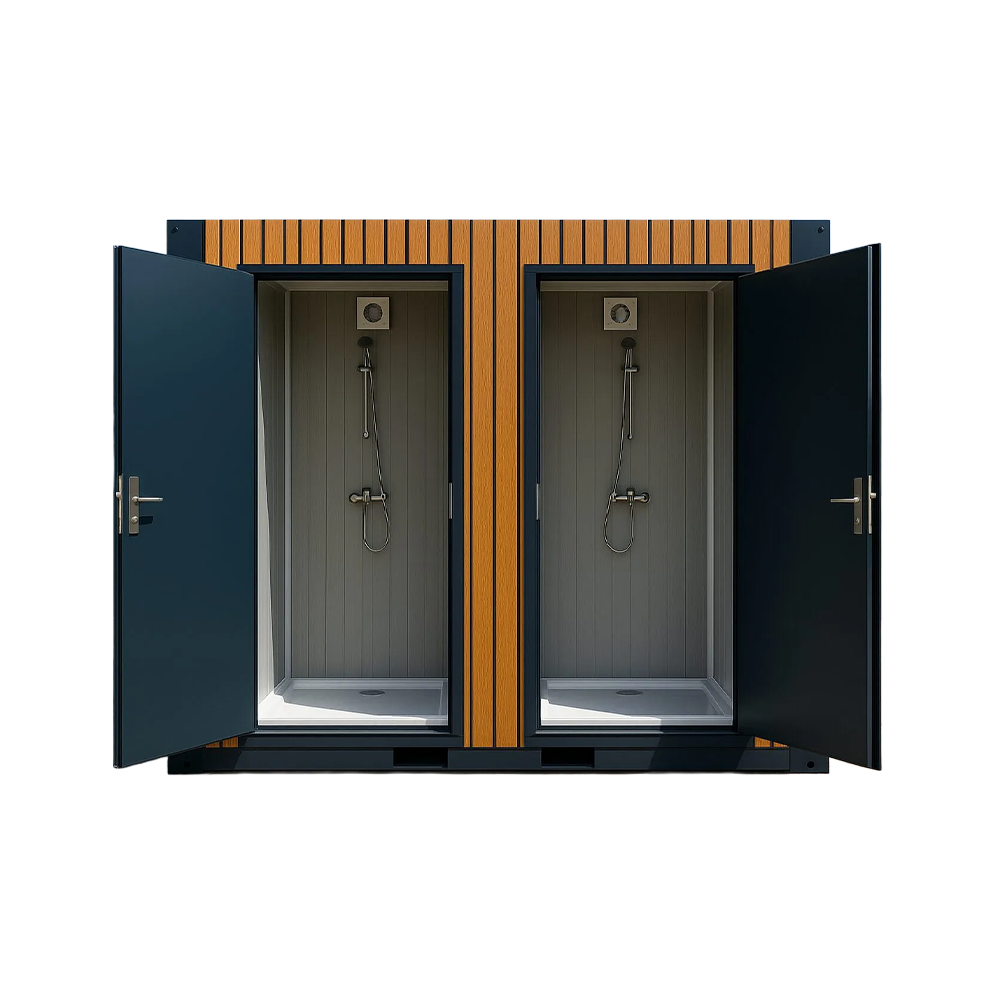 Front doors of a dual portable shower unit opened.