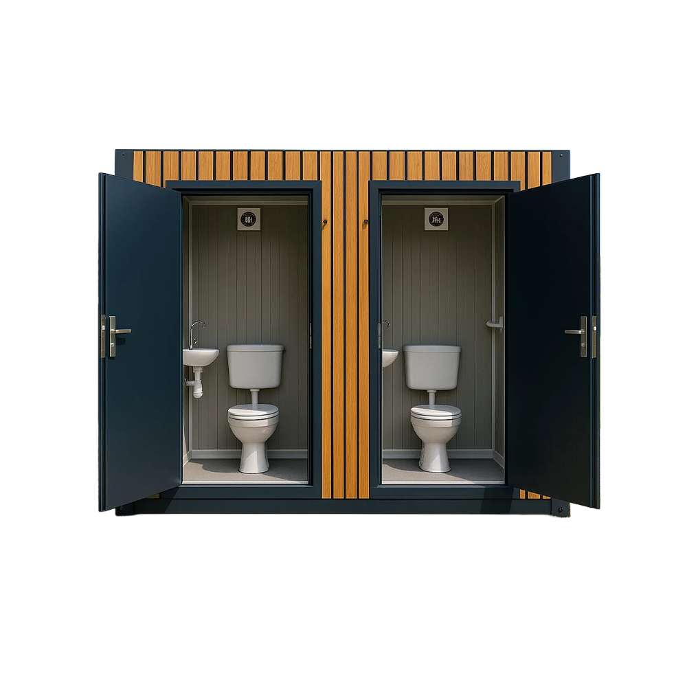 Front view of a dual portable toilet unit.