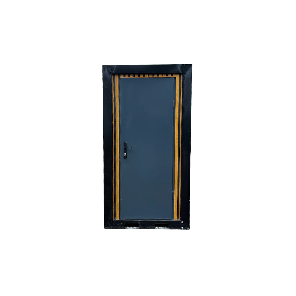 Front view of a luxury portable shower unit for camping with closed door.