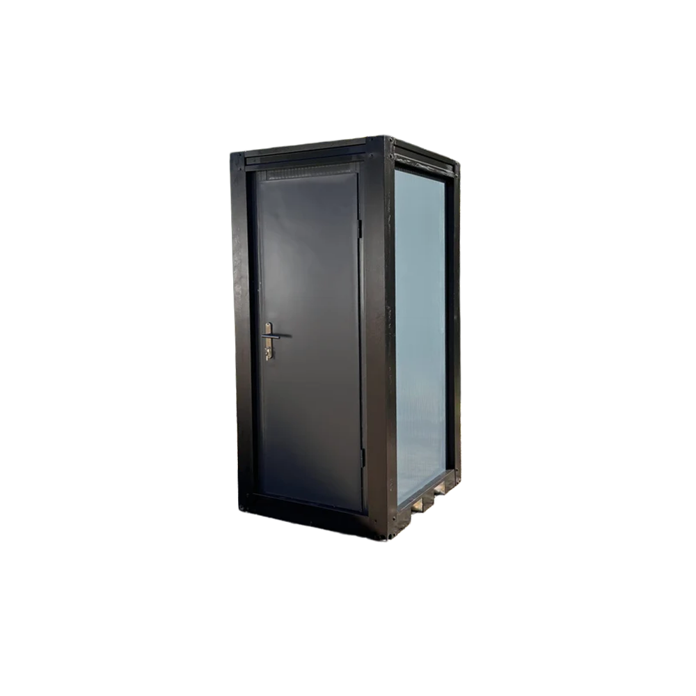 Front view of a luxury portable toilet unit for camping with closed door.