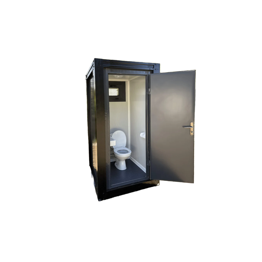 Front view of a luxury portable toilet unit for camping with door open.