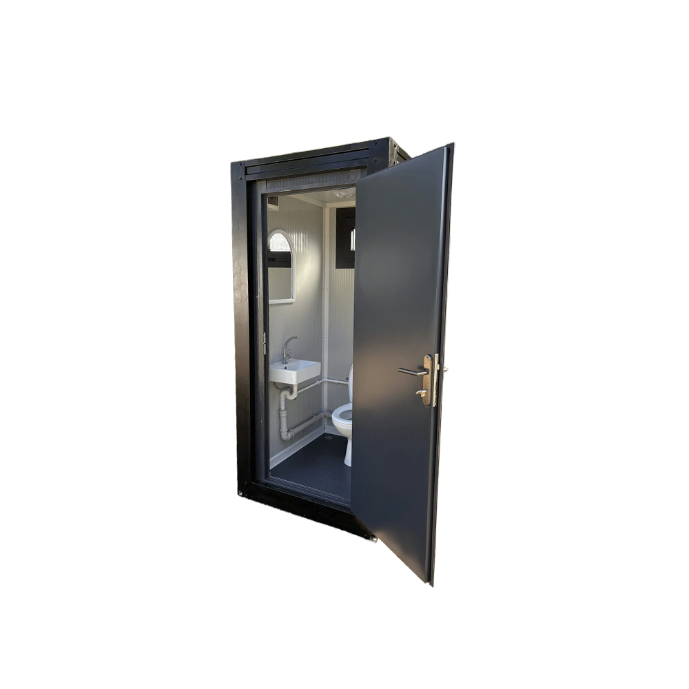 Front view of a luxury portable toilet unit for camping with door open.