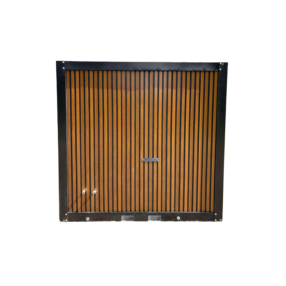 Backside interior view of a portable bathroom unit.