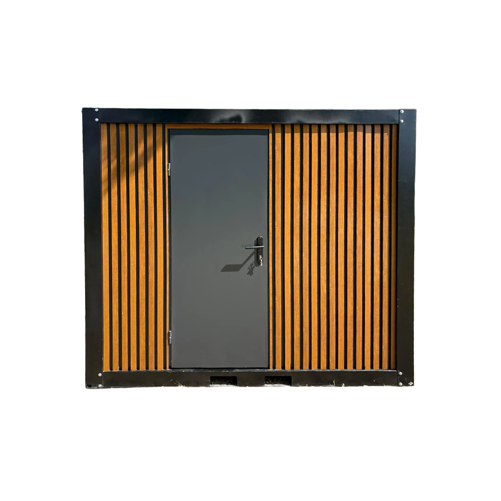 Interior front view of a portable bathroom unit with closed door.