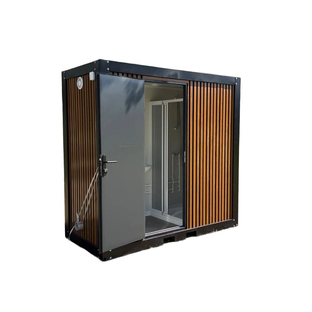 Oblique front view of the interior of a portable bathroom unit.