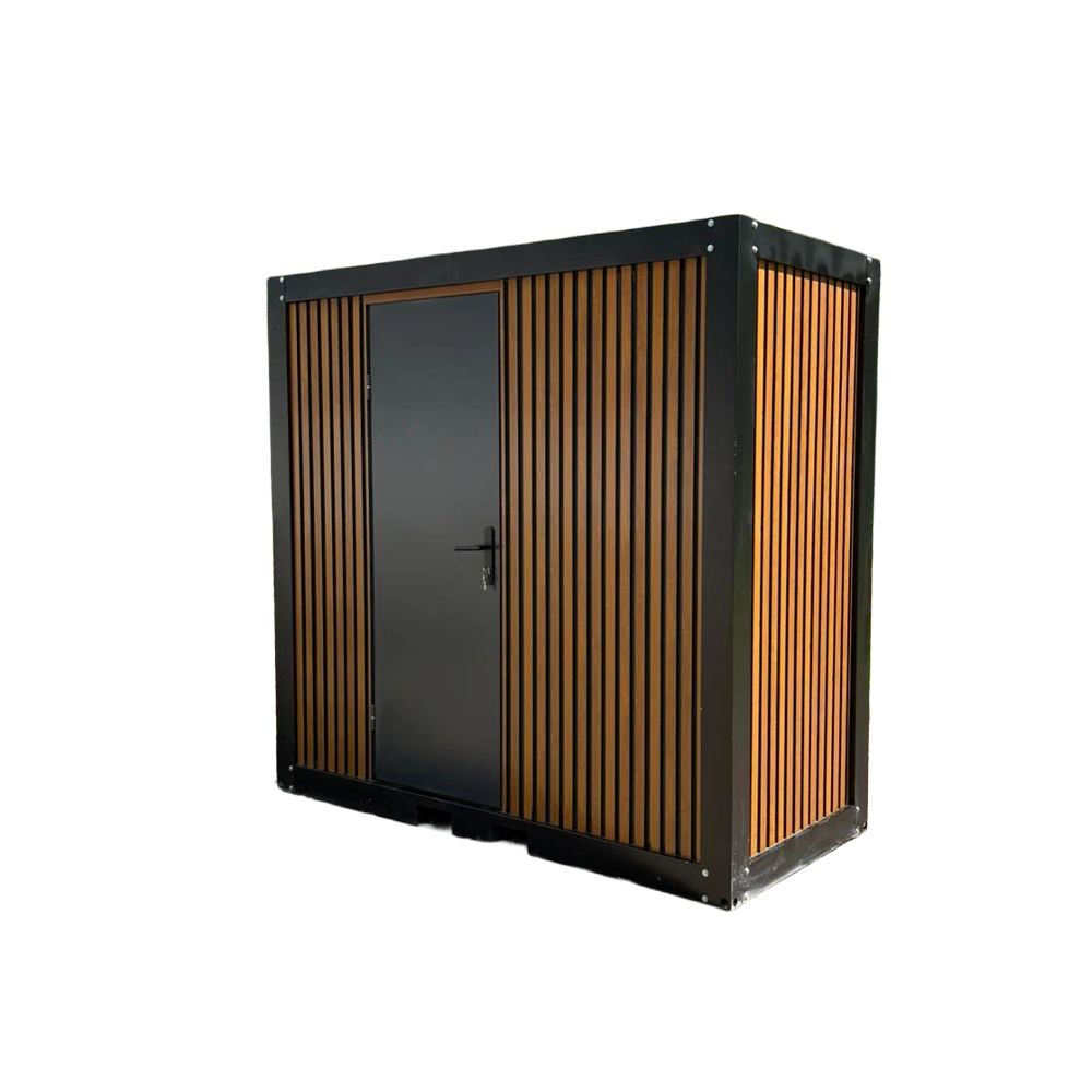 Oblique front interior view of a portable bathroom unit with closed door.