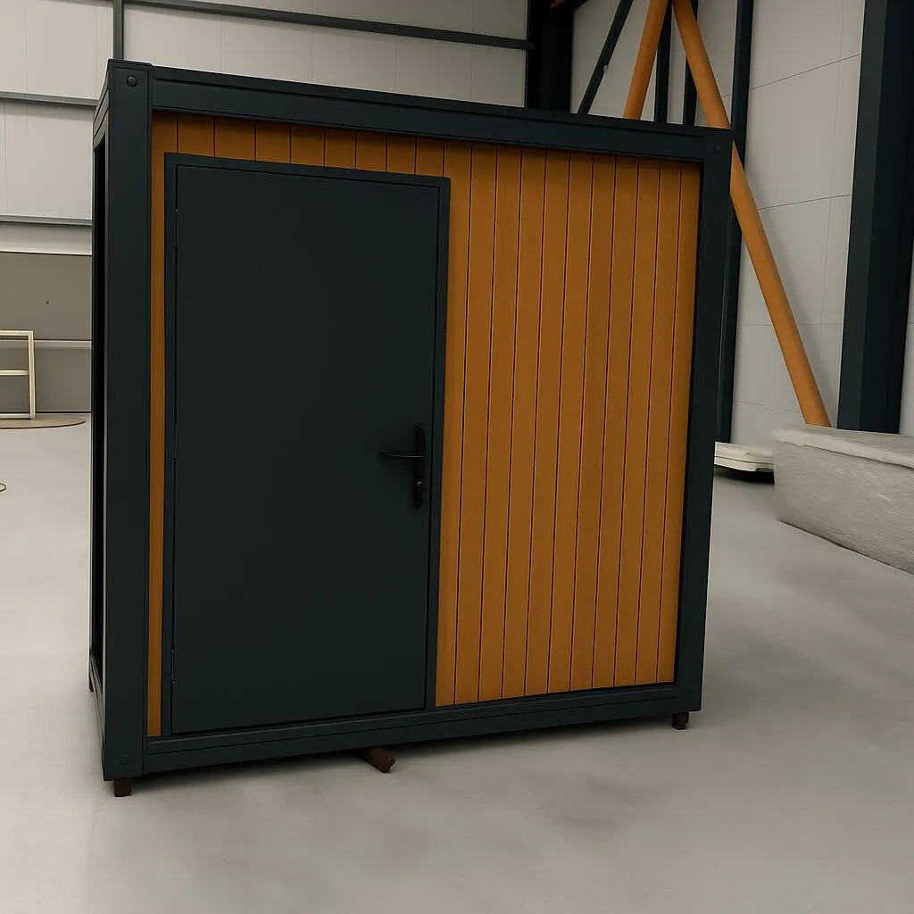 Exterior view of a portable handicap toilet unit with closed door.