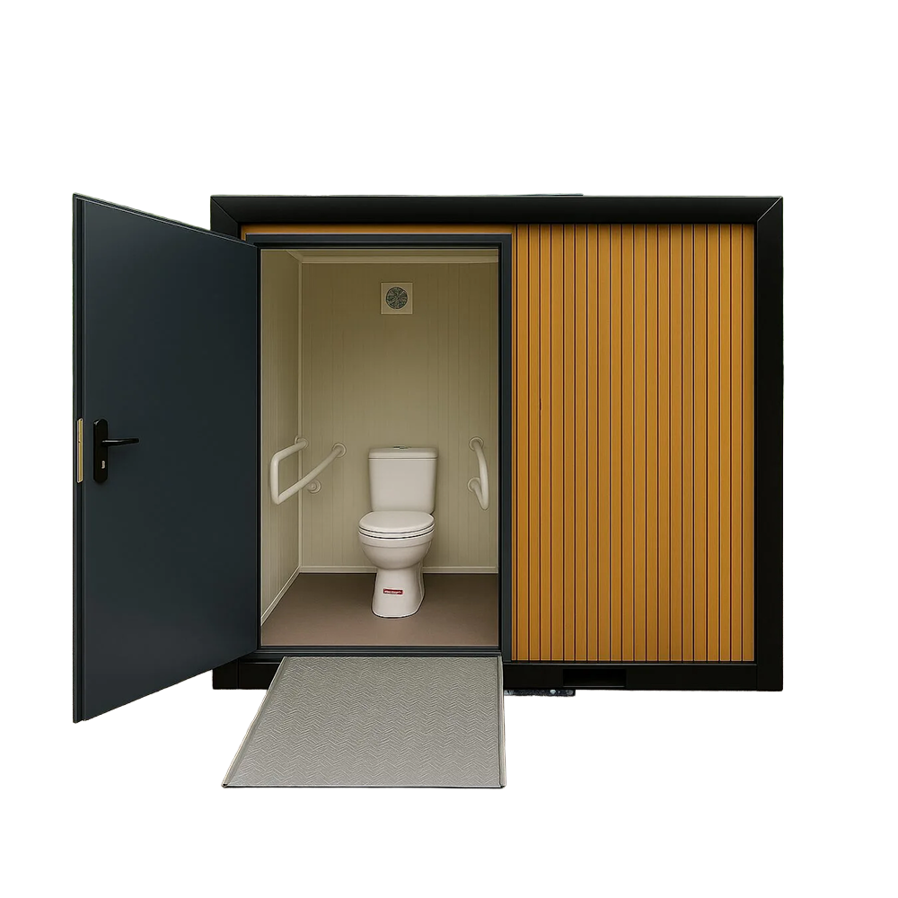 Front view of a portable handicap toilet unit.