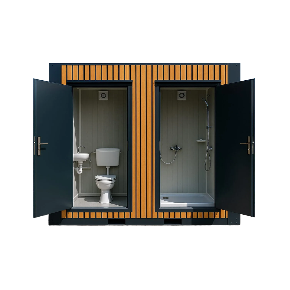 Front view of a portable toilet and shower unit with doors open.