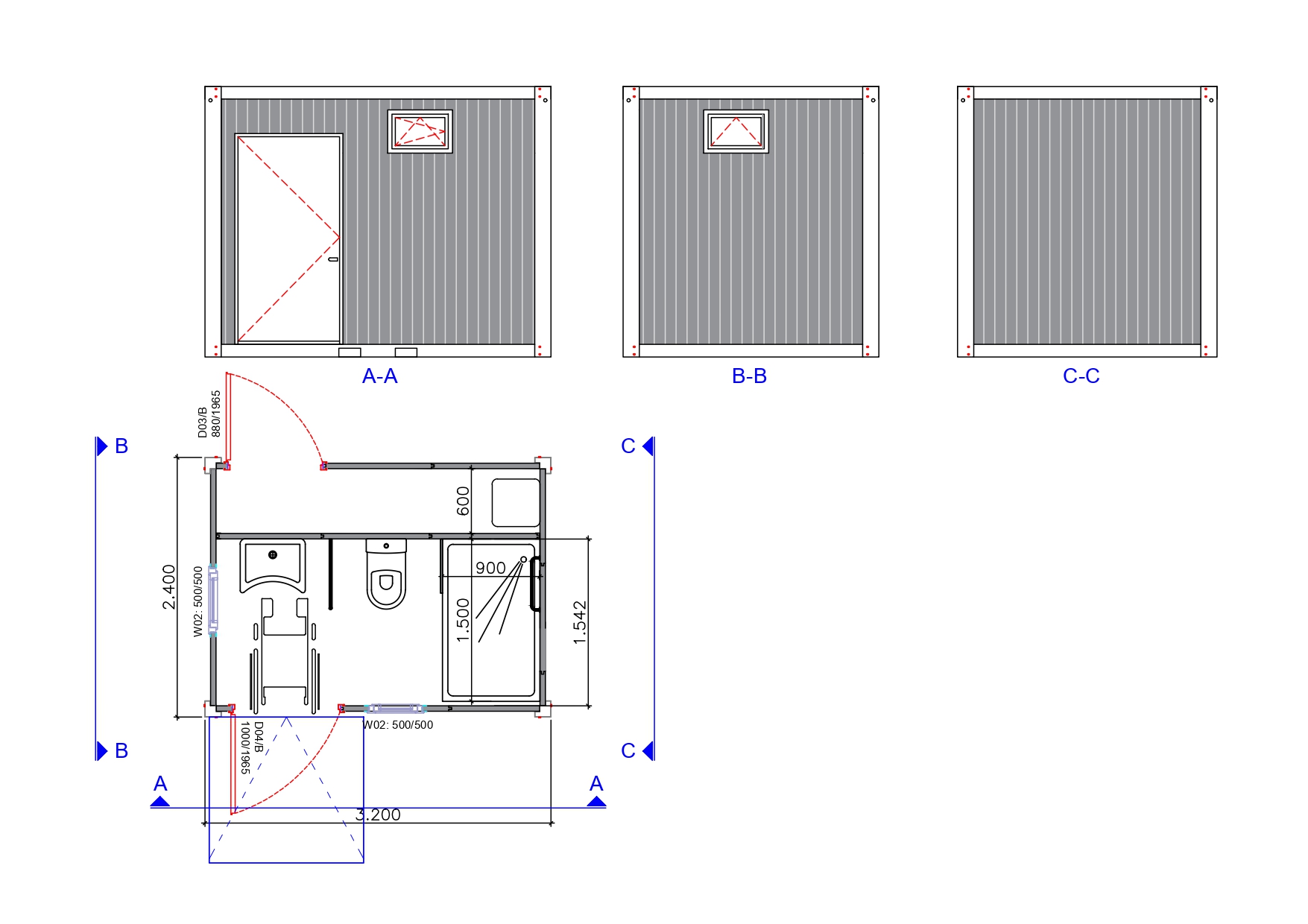 Blueprint of a wheelchair-accessible bathroom unit with technical room.